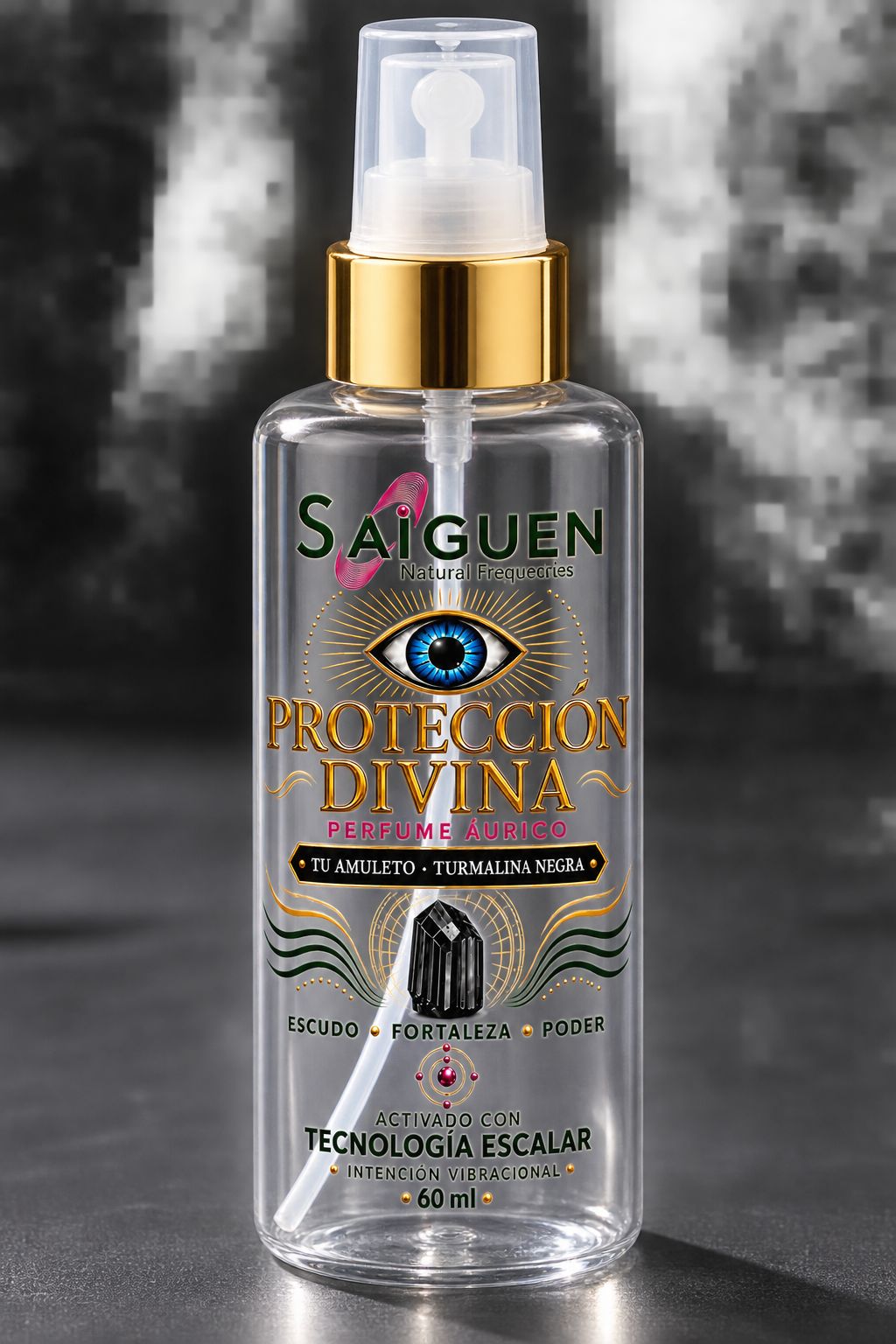 Perfume áurico PROTECCIÓN DIVINA de Saiguen Natural Frequencies con turmalina negra, frasco de 60 ml