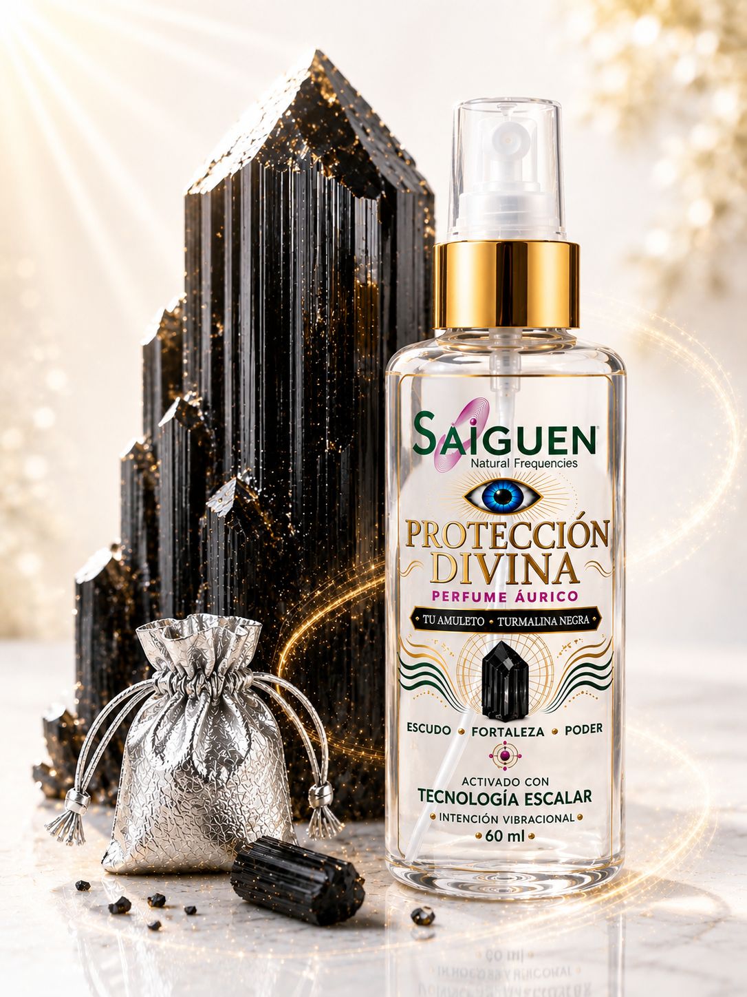Perfume áurico PROTECCIÓN DIVINA de Saiguen Natural Frequencies con turmalina negra, frasco de 60 ml