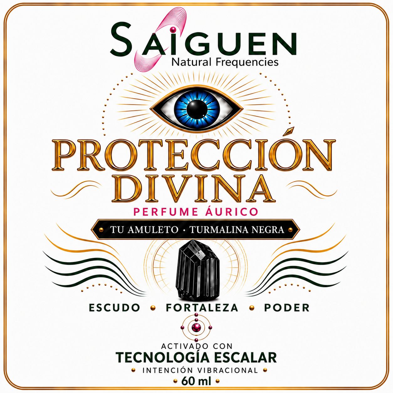 Etiqueta del perfume áurico PROTECCIÓN DIVINA con ojo protector dorado