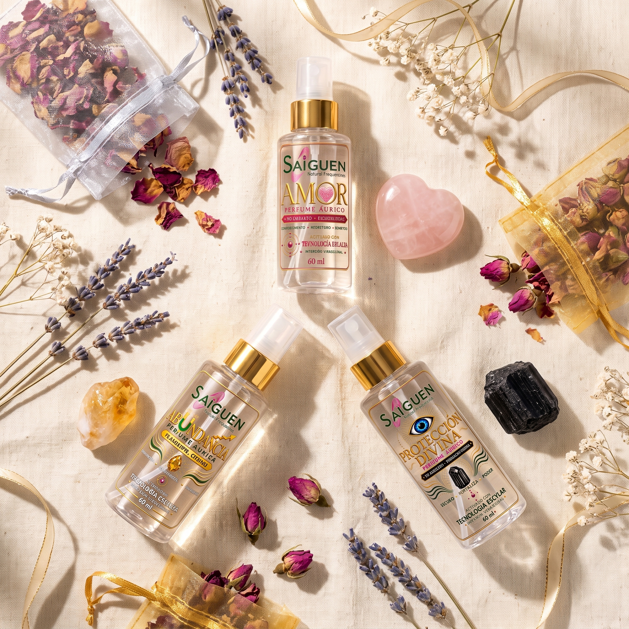 Flat lay de la Colección 3 Intenciones de Saiguen con piedras amuleto y bolsitas sobre lino crema