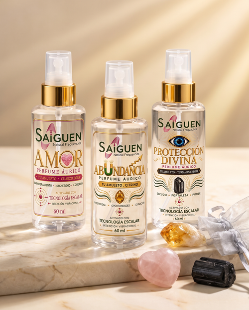 Colección 3 Intenciones de Saiguen Natural Frequencies: perfumes áuricos AMOR, ABUNDANCIA y PROTECCIÓN DIVINA con sus piedras amuleto