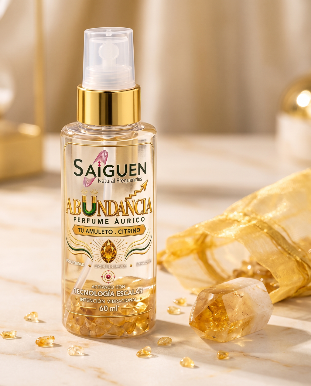 Perfume áurico ABUNDANCIA de Saiguen con piedritas de citrino dentro del frasco