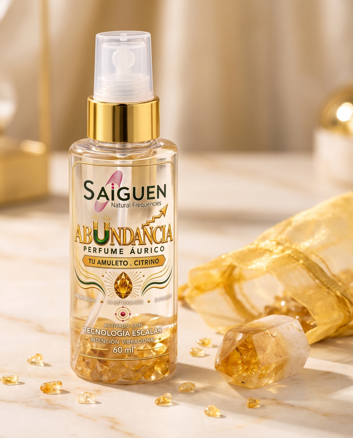 Perfume áurico ABUNDANCIA de Saiguen con piedritas de citrino dentro del frasco