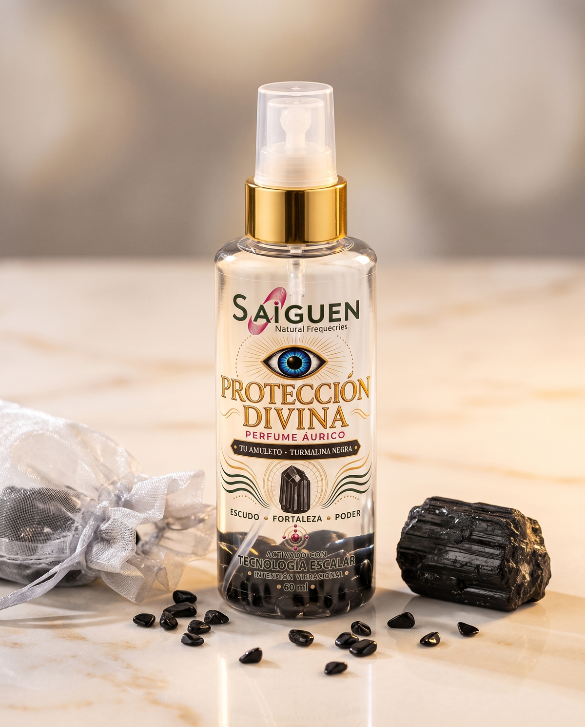 Perfume áurico PROTECCIÓN DIVINA de Saiguen con piedritas de turmalina negra dentro del frasco