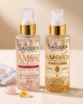 Dúo de perfumes áuricos Saiguen AMOR y ABUNDANCIA sobre lino crema con sus piedras amuleto
