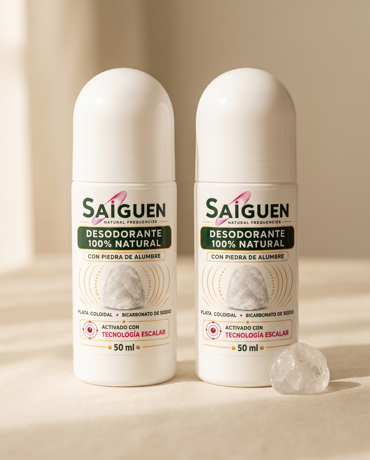 Pack x2 de desodorante natural Roll On Saiguen sobre lino crema