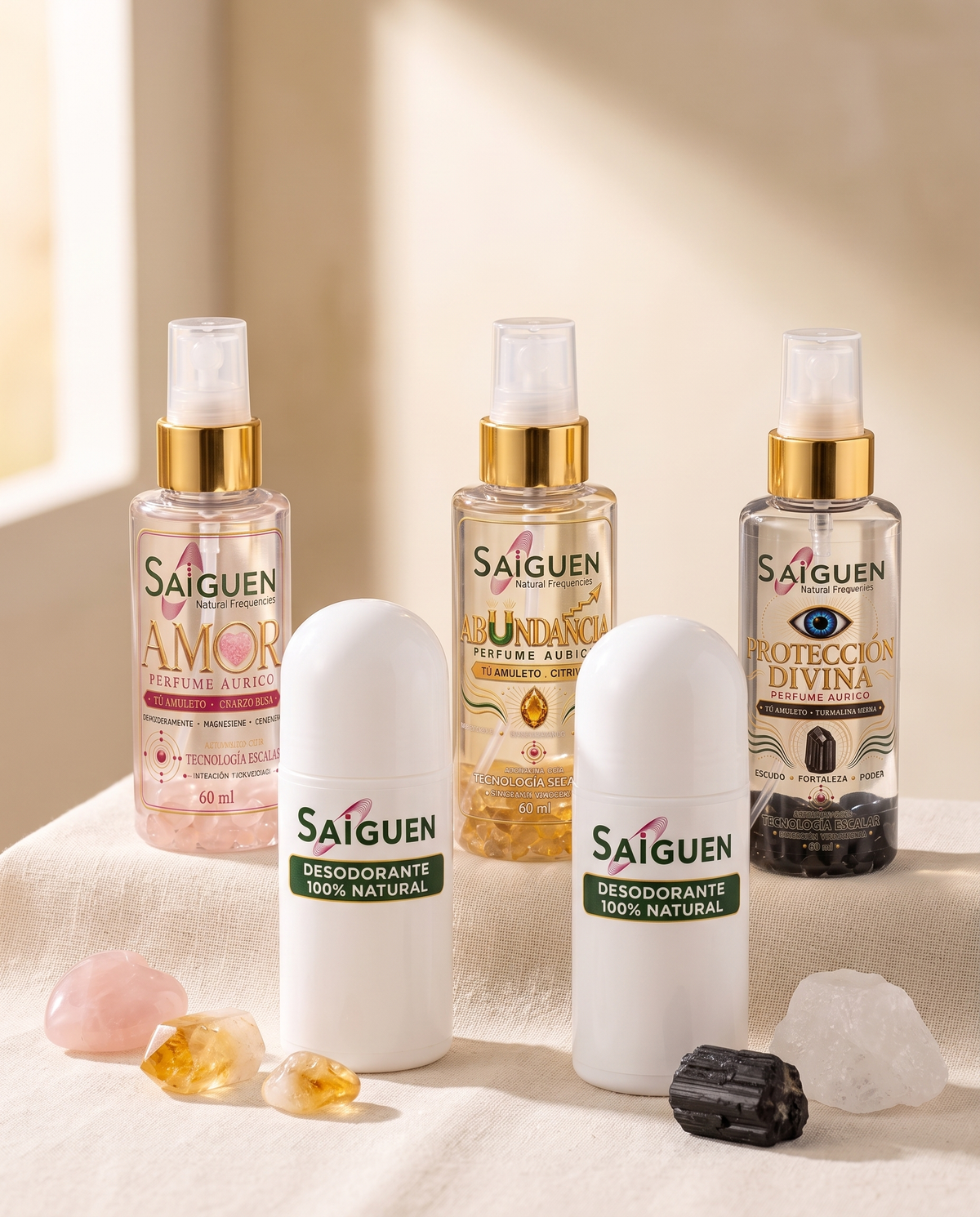 Kit Total Saiguen: los tres perfumes áuricos con sus piedritas y dos desodorantes naturales sobre lino crema