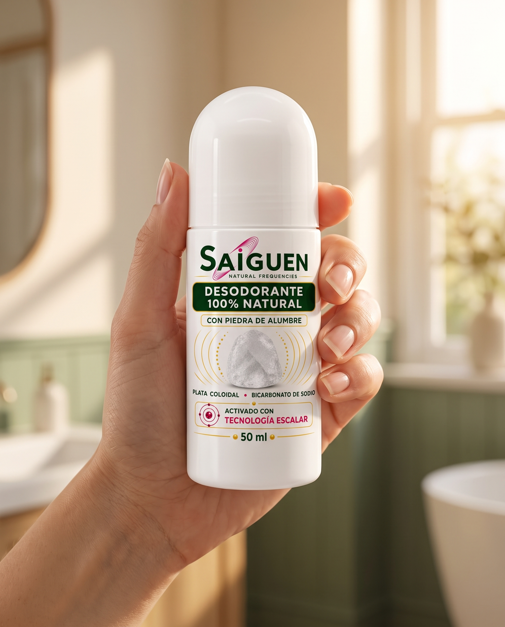 Mano sosteniendo el desodorante natural Roll On Saiguen en un baño luminoso