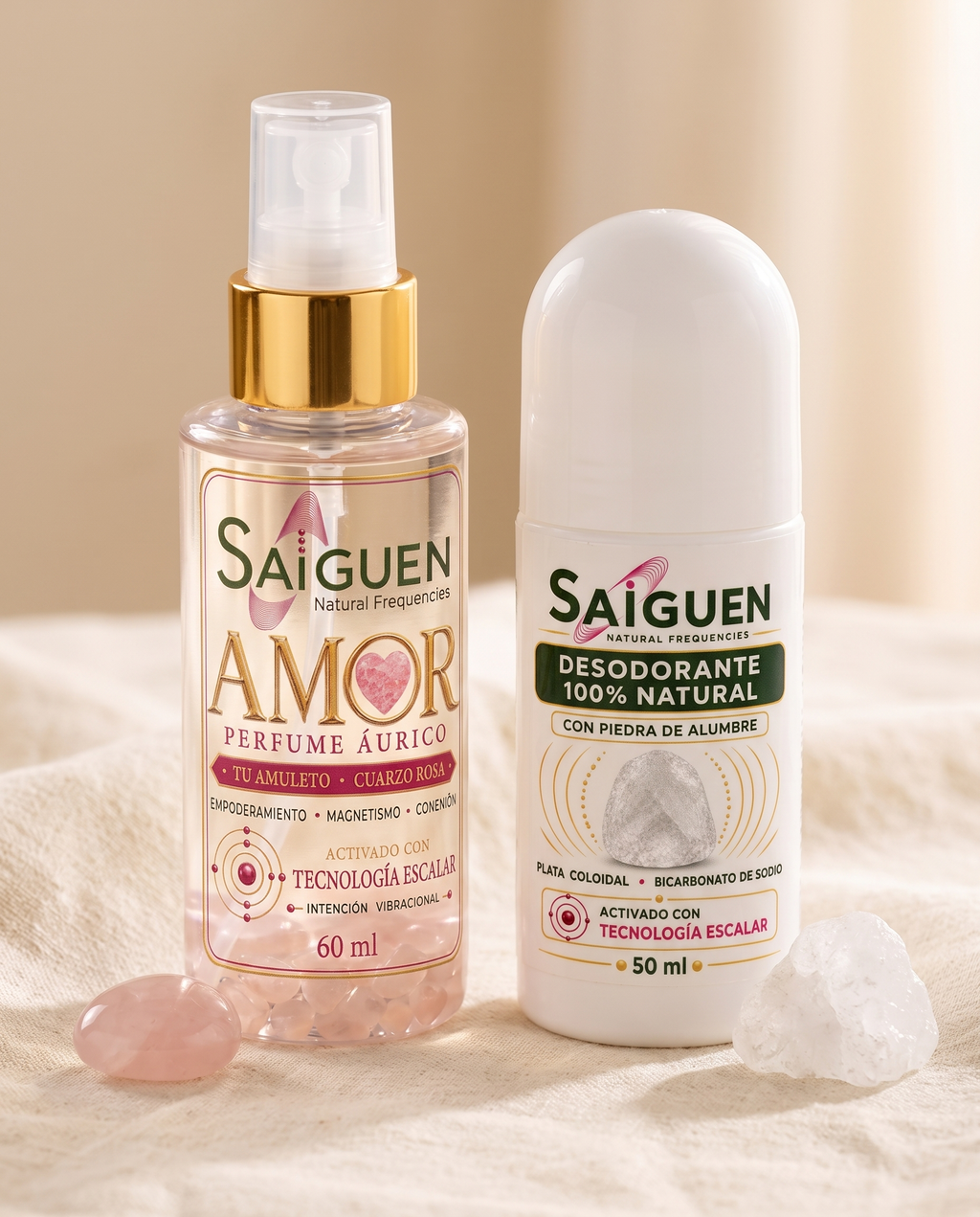 Ritual Completo Saiguen: perfume áurico AMOR y desodorante natural Roll On sobre lino crema