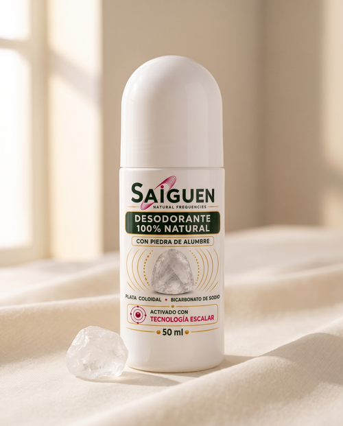 Desodorante natural Roll On Saiguen 50 ml junto a una piedra de alumbre sobre lino crema