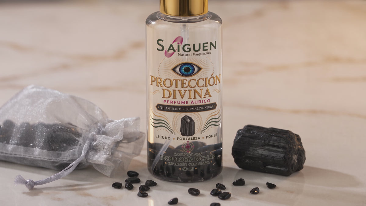 Perfume áurico PROTECCIÓN DIVINA de Saiguen girando con su turmalina negra