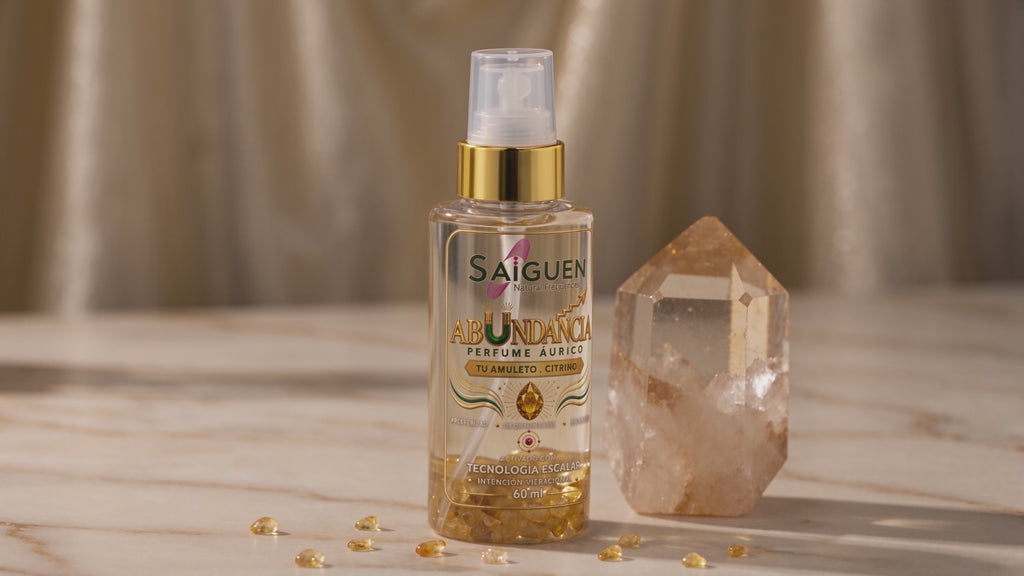 Perfume áurico ABUNDANCIA de Saiguen girando con su citrino