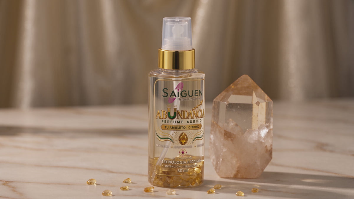Perfume áurico ABUNDANCIA de Saiguen girando con su citrino