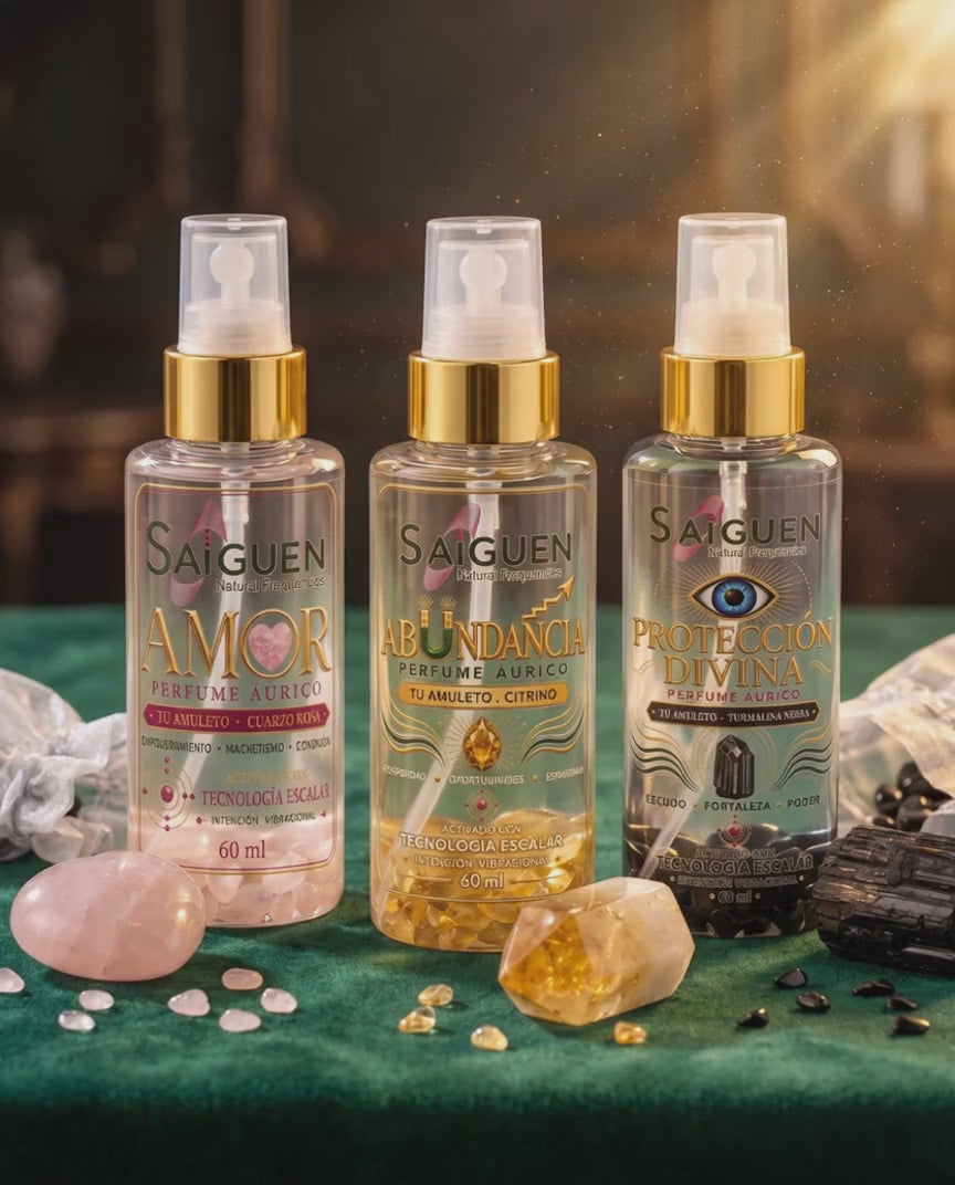 Colección 3 Intenciones de Saiguen sobre terciopelo verde, con las piedritas brillando dentro de cada frasco