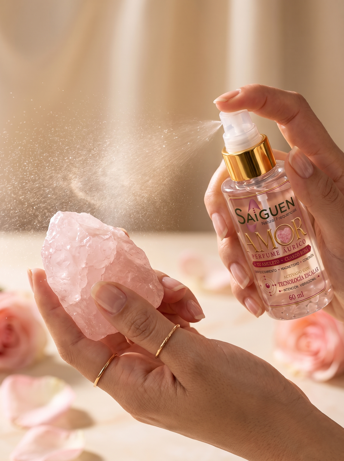 Mano rociando el perfume Saiguen sobre un cuarzo rosa para activar el amuleto